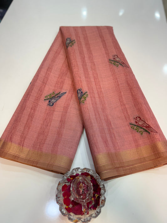 Ghicha cotton saree with bird motif pallu and tassel border, printed cotton saree for women