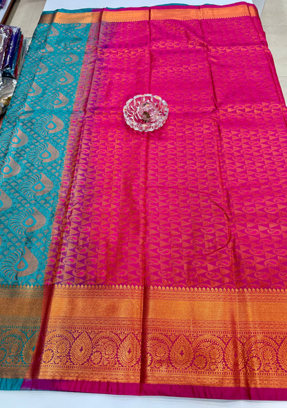 Bridal Soft Silk Saree with Jacquard Weaving & Contrast Border for Women
