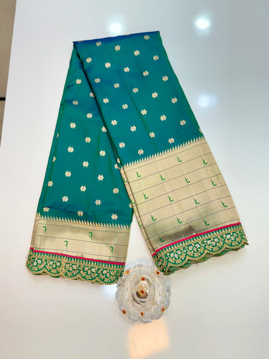Paithani Lace Border Saree with Parrot Motifs and Contrast Blouse