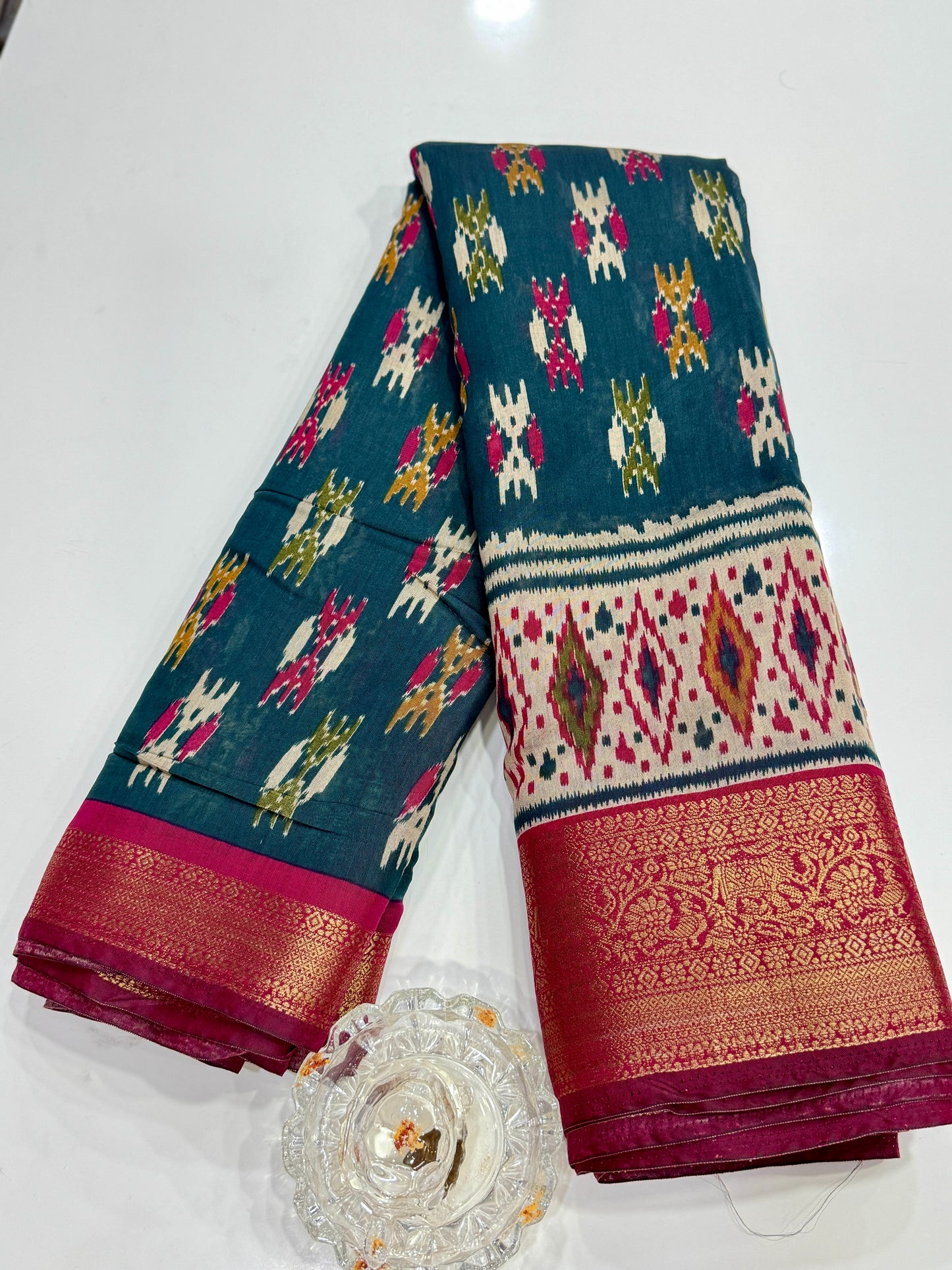 Semi Maheshwari Silk Saree with Zari Border & Ikat Style Weaving for Women