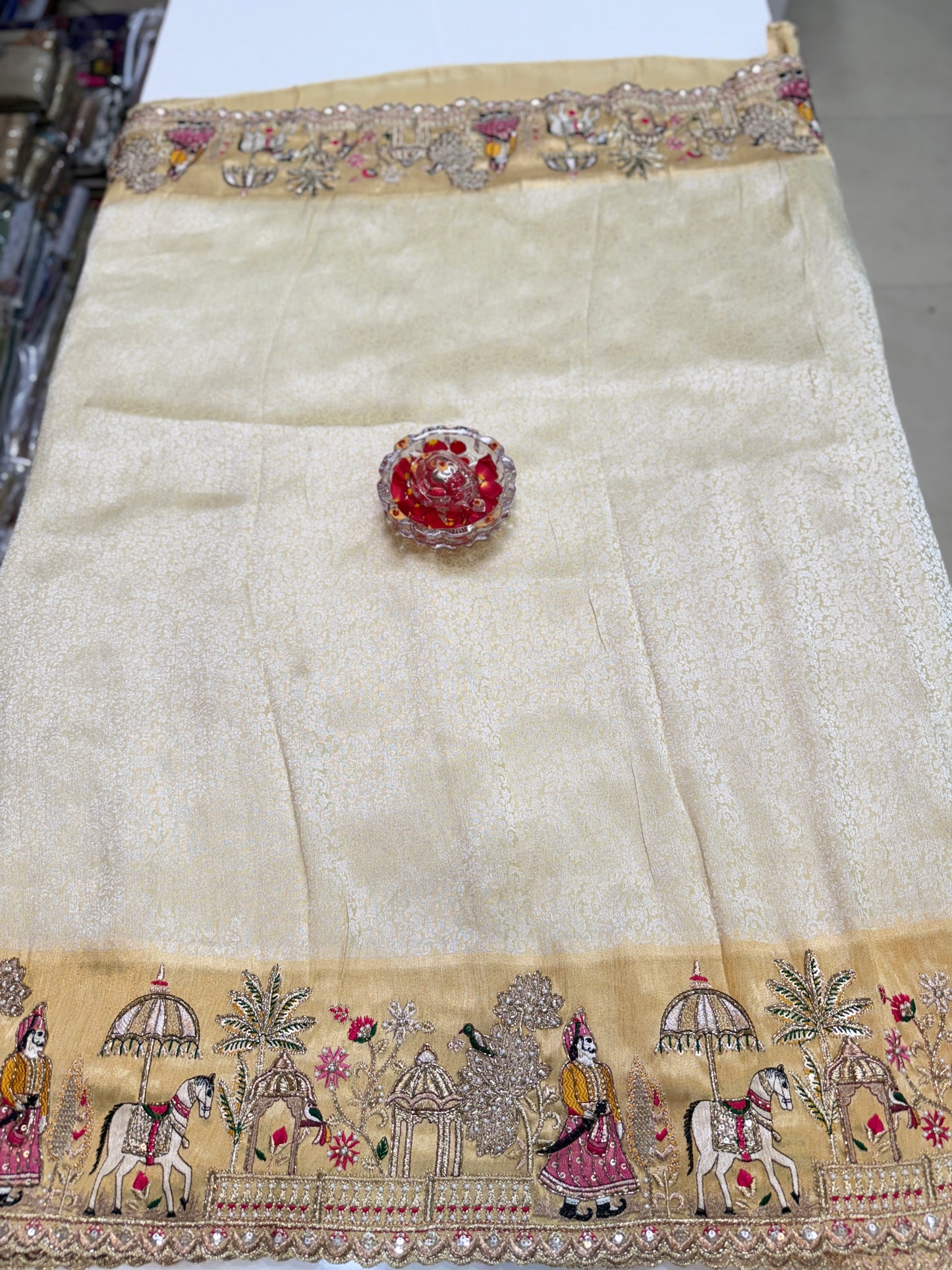 Cream Pure Ziraf Silk Saree with Zari, Thread, Cut Dana & Moti Heavy Work – Bridal and Festive Wear