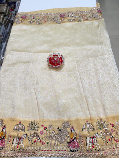 Cream Pure Ziraf Silk Saree with Zari, Thread, Cut Dana & Moti Heavy Work – Bridal and Festive Wear