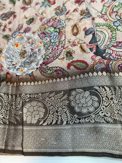 Russian Viscose Crepe Silk Chittpallu Saree with Heritage Print and Zari Border for Women