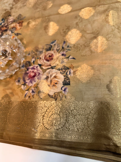 Bamboo Silk Floral Printed Saree with Rich Decorative Pallu, All Over Rich Butti Weaving