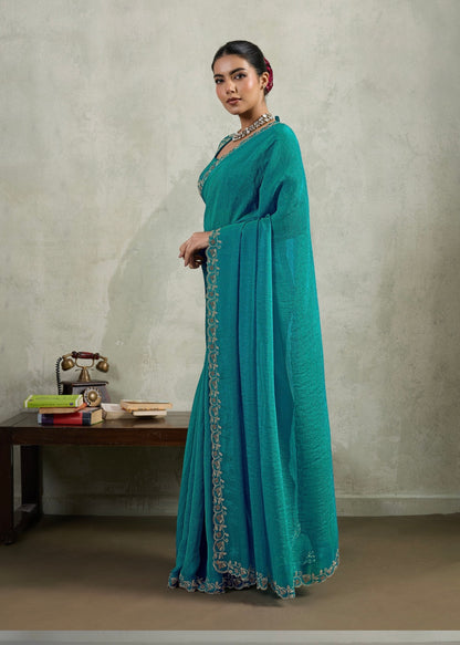 Velvet Chiffon Saree with Dual Tone Zarkan Work and Designer Blouse – Partywear Saree for Women
