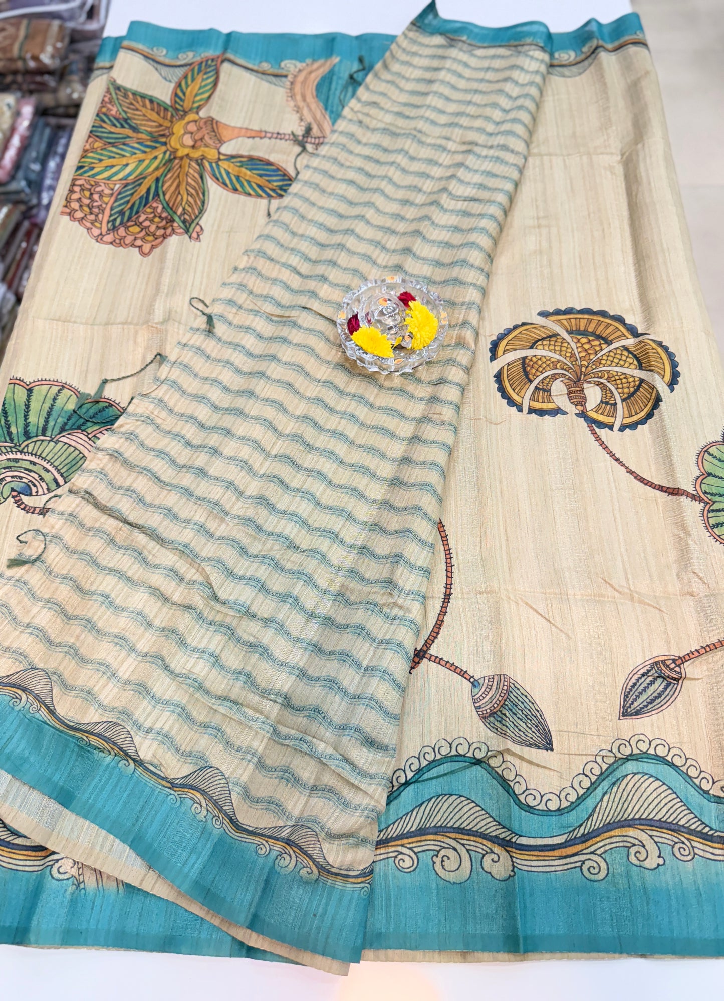 Silk Blend Printed Saree with Traditional Art Motifs and Glossy Texture – Festive Wear for Women