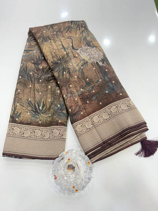 Tissue Zari Silk Saree with Digital Print and Woven Border – Premium Festive and Wedding Saree for Women