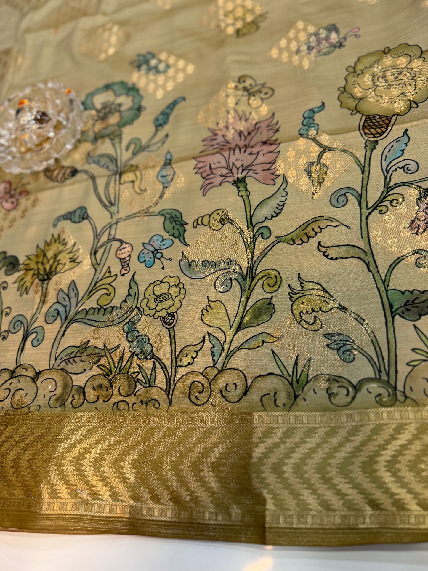 Bamboo Silk Floral Printed Saree with Rich Decorative Pallu, Rich Floral Kalamkari Style Prints