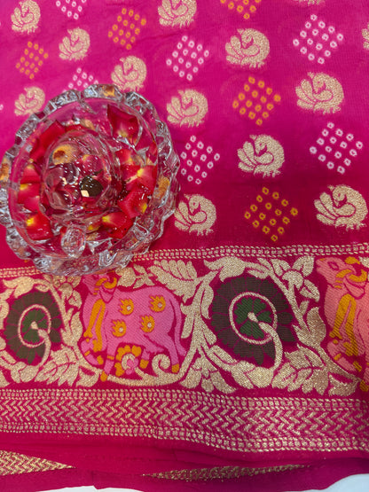 Pure Kaddi Georgette Zari Weaving Saree in Magenta Pink with Floral Jaal and Scalloped Border – Premium Festive & Wedding Wear for Women