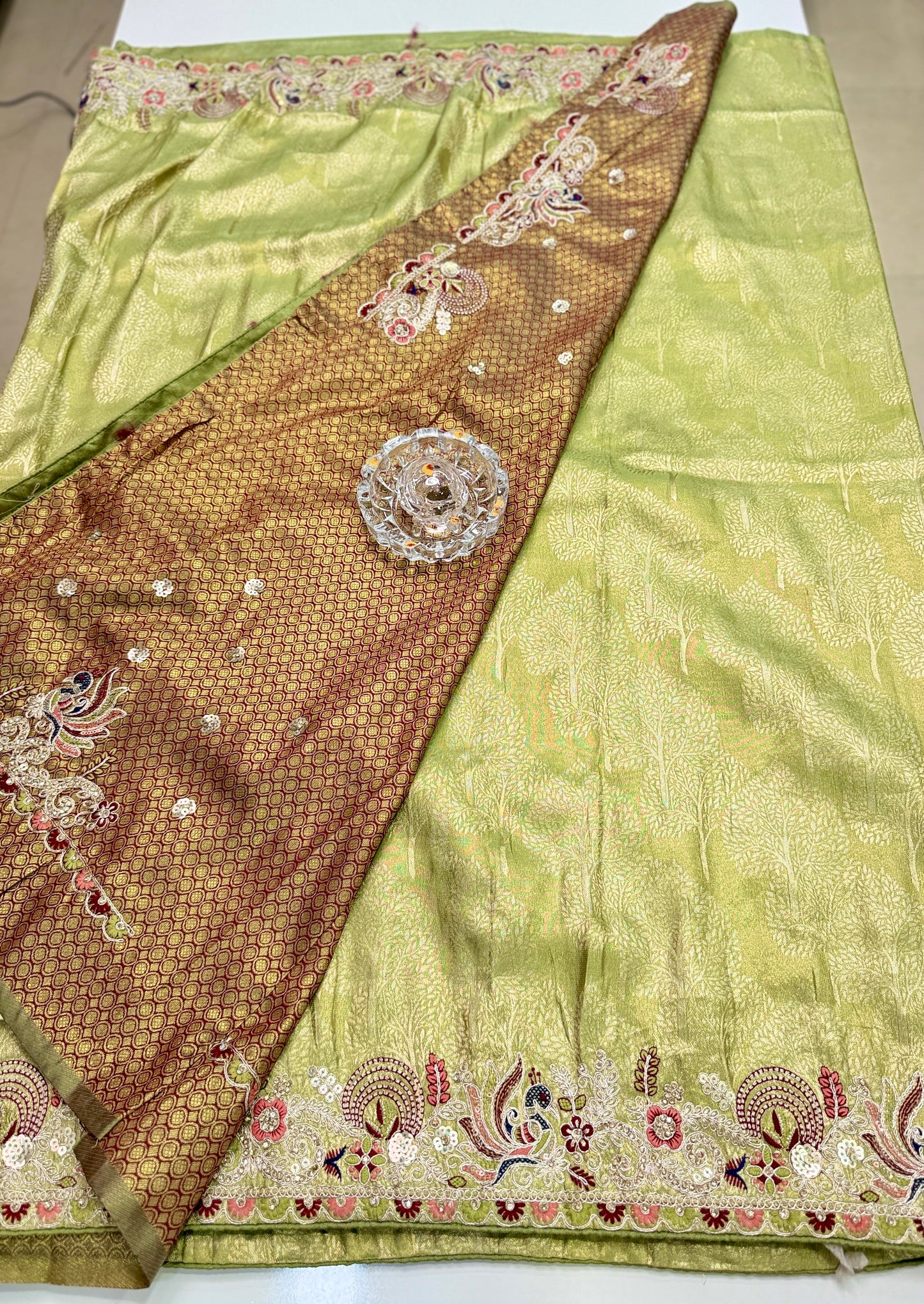 Tissue Silk Saree with Embroidery, Sequin, and Mirror Work Border – Festive Saree for Women
