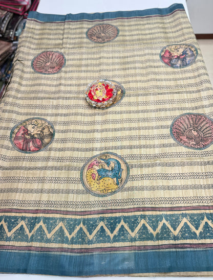 Silk Blend Printed Saree with Traditional Art Motifs and Glossy Texture – Festive Wear for Women