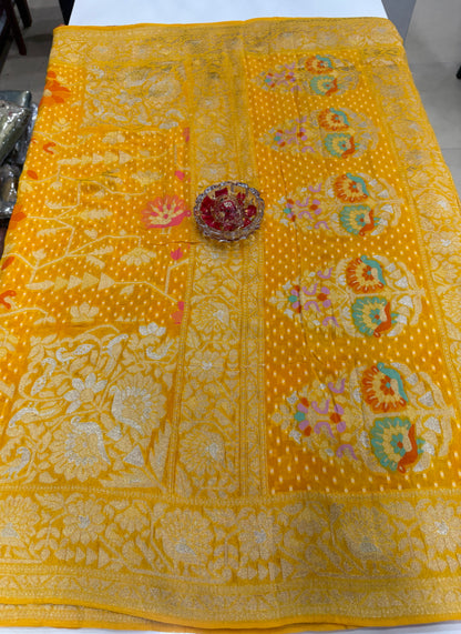 Pure Kaddi Georgette Zari Weaving Saree in Mustard Yellow with All-Over Jaal and Floral Buti Work – Festive & Wedding Wear Saree for Women