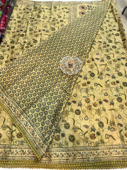 Nilambari Silk Floral Printed Saree with Lace Border