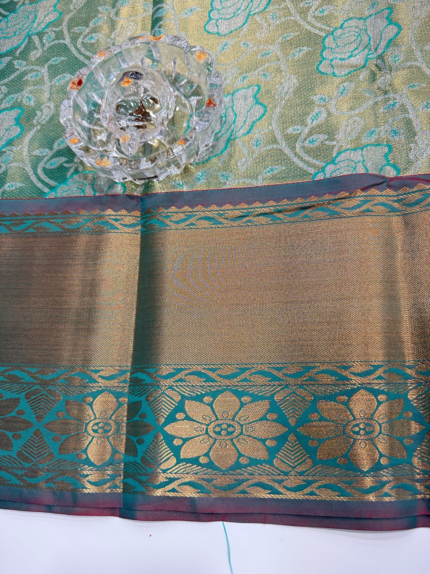 Bridal tissue saree for women with woven zari work and contrast border, kanchipuram style powerloom saree with blouse fabric