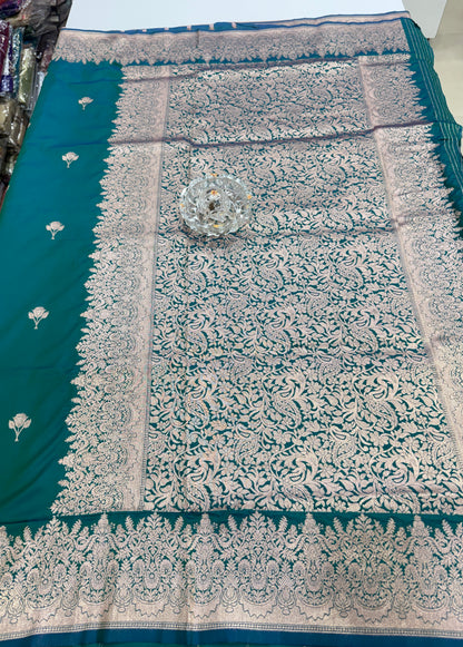 Soft silk saree with woven floral border and contrast brocade blouse piece