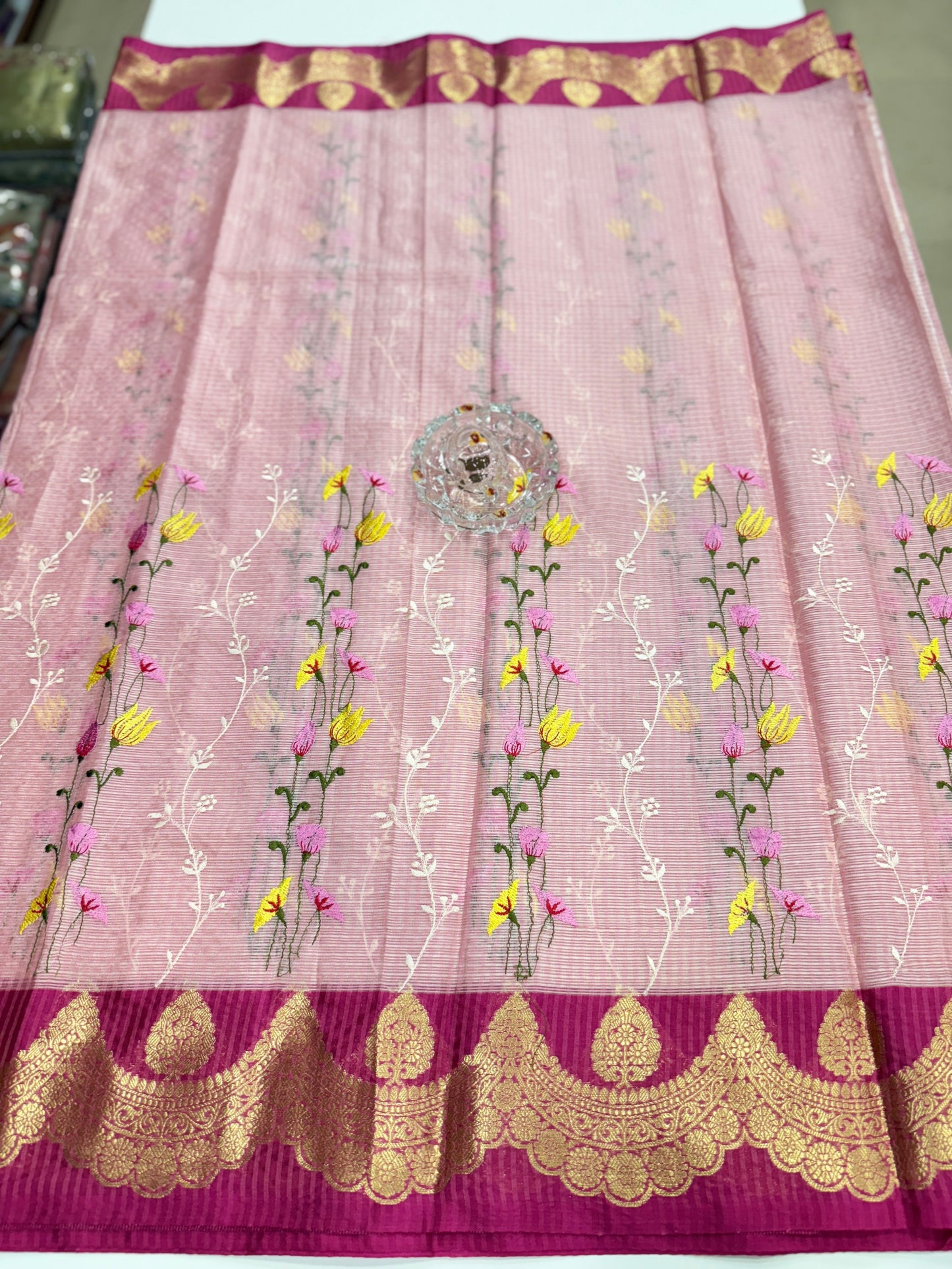 Banarasi handloom Kota check saree with mina embroidery, scalloped border and zari chit pallu