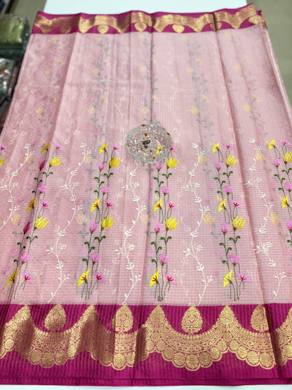 Banarasi handloom Kota check saree with mina embroidery, scalloped border and zari chit pallu