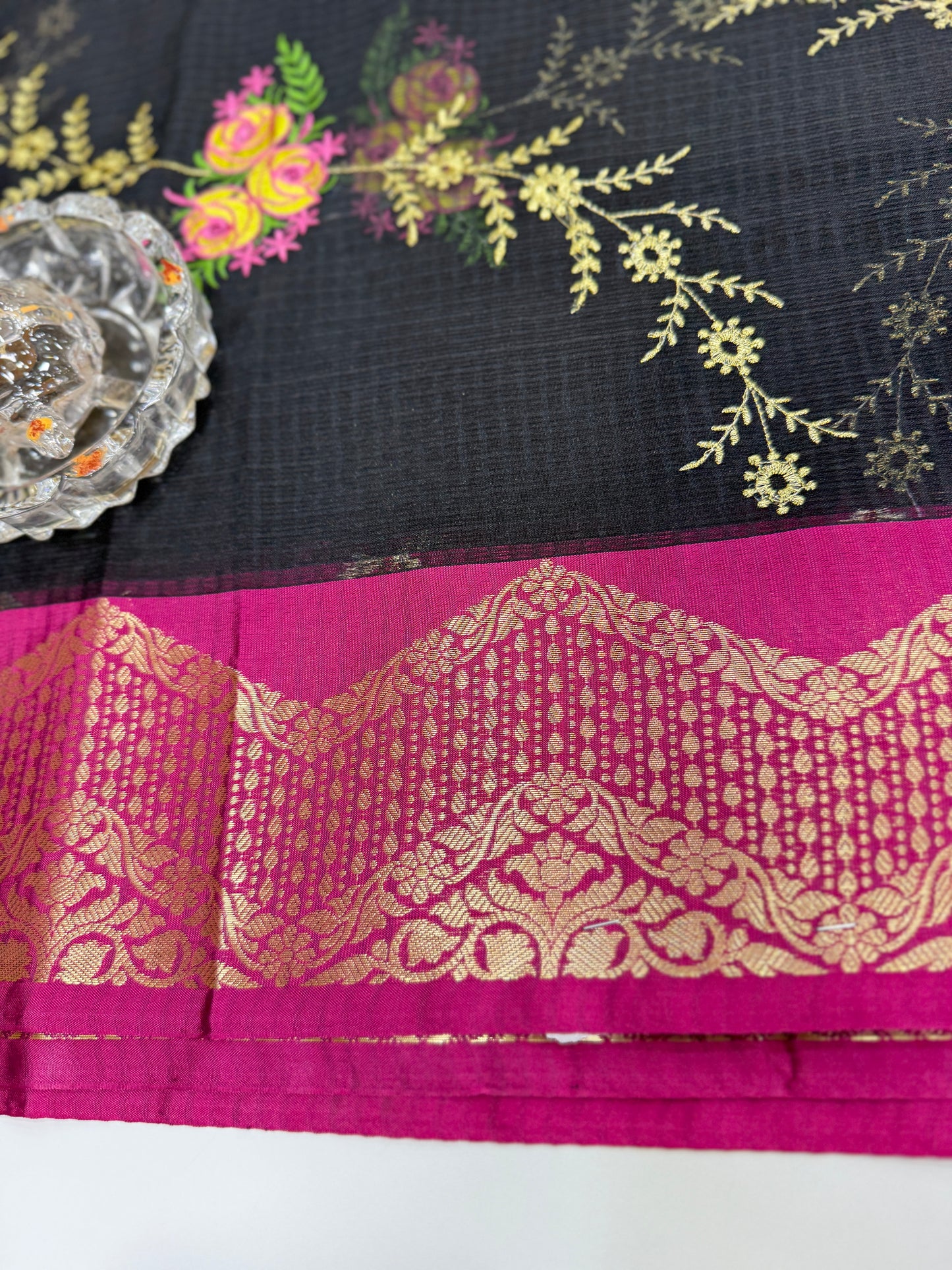 Banarasi kota silk saree with floral embroidery, contrast magenta zari border and matching blouse piece for women