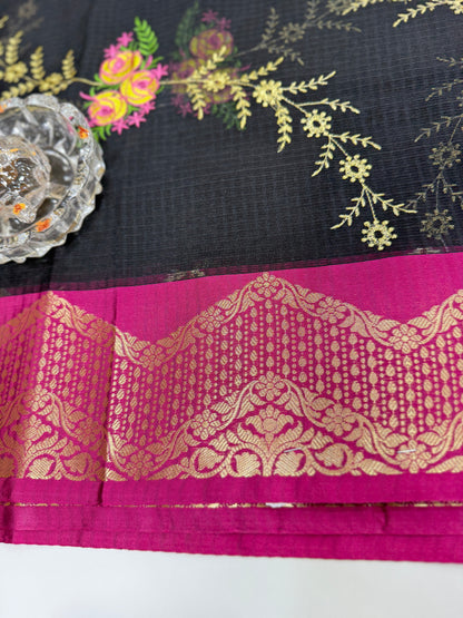 Banarasi kota silk saree with floral embroidery, contrast magenta zari border and matching blouse piece for women