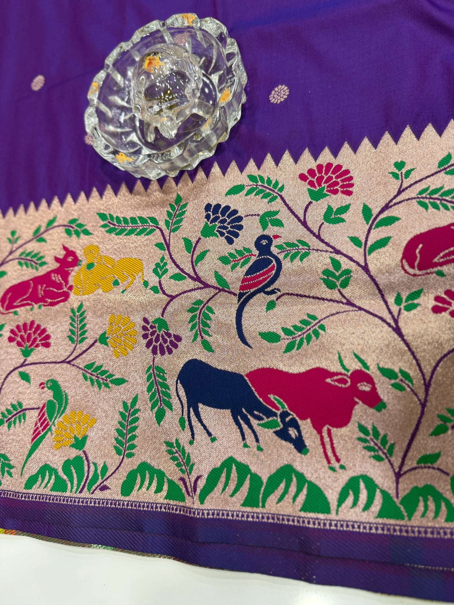 Paithani printed soft silk saree with zari-style border and contrast blouse for women