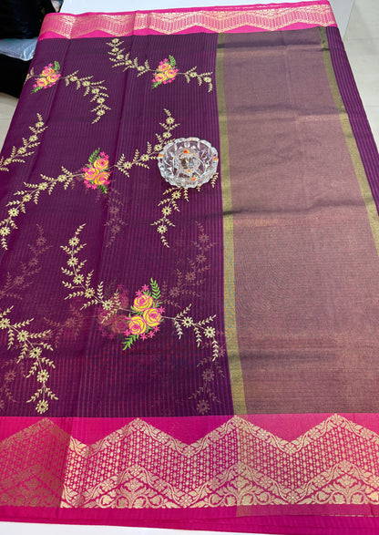 Banarasi kota silk saree with floral embroidery, contrast magenta zari border and matching blouse piece for women