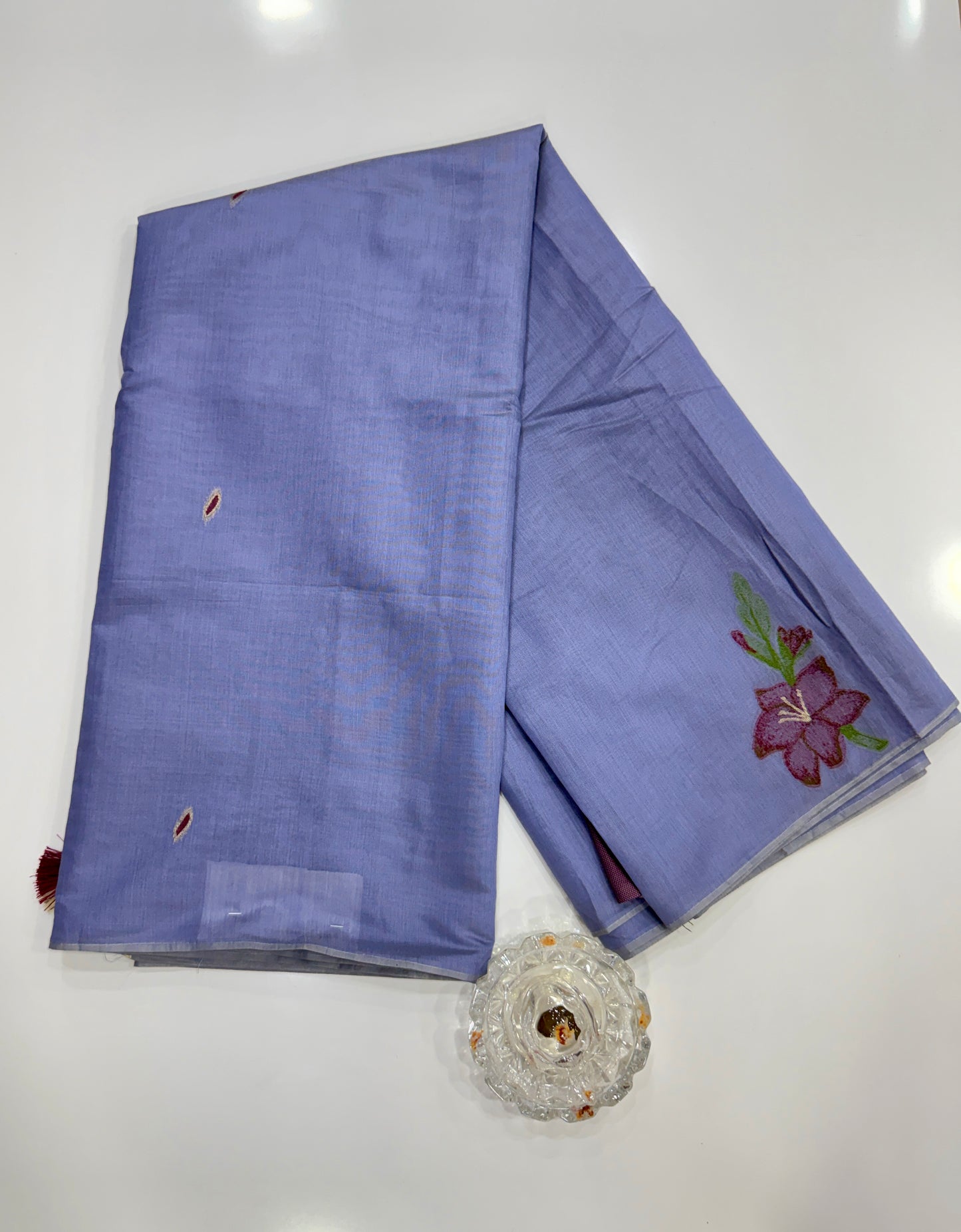 Lavender blue woven viscose saree in kora silk style with tassel pallu and embroidered blouse fabric