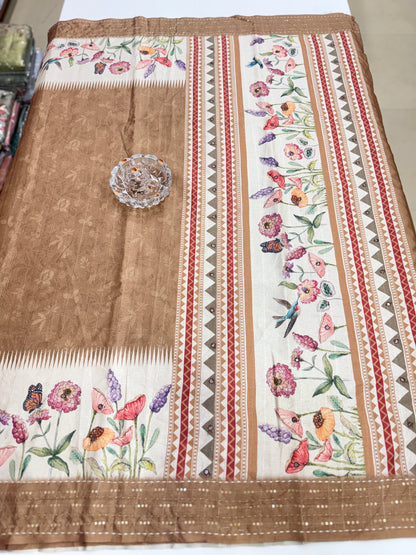 Tussar Fabric Saree with Katha Print Border, Mirror Work and Matching Blouse