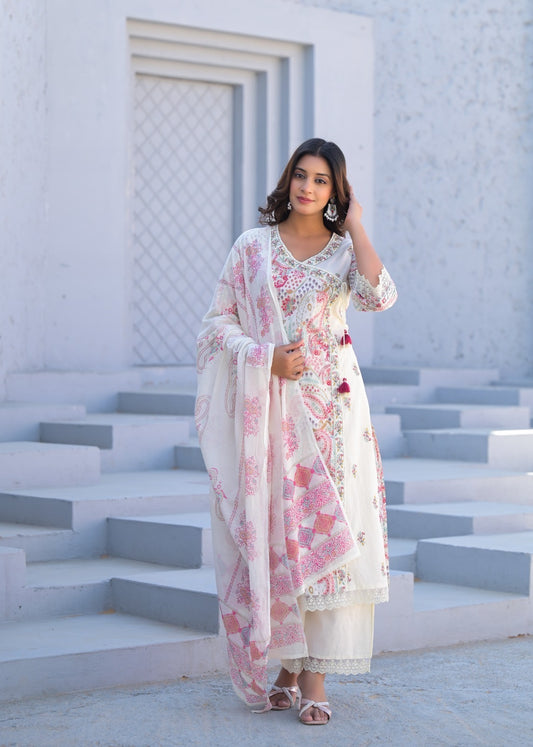 Women’s digital cotton kurta pant dupatta set with thread embroidery – summer ethnic wear