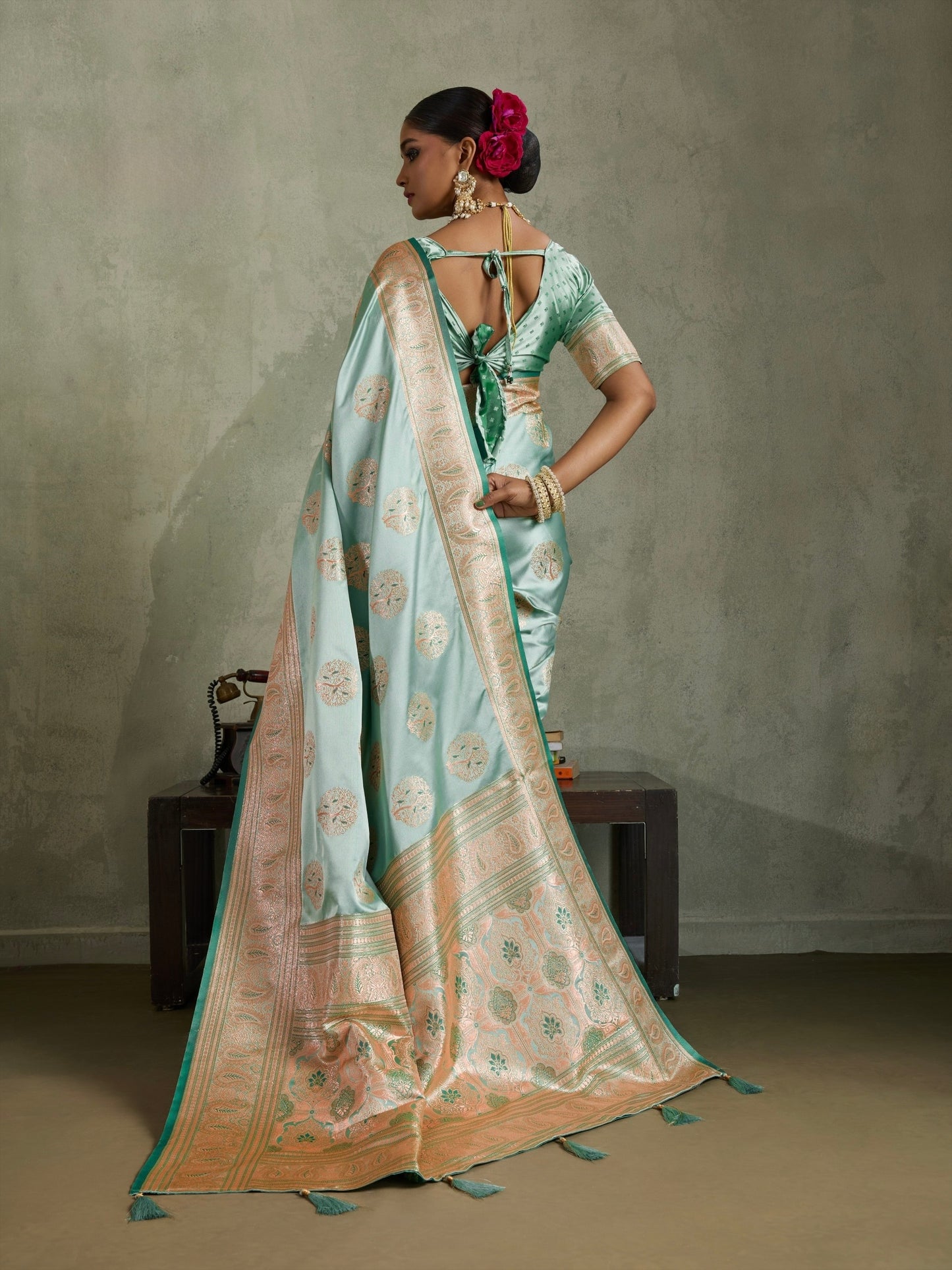 Satin Silk Saree with Zari Weaving and Meenakari Pallu for Women