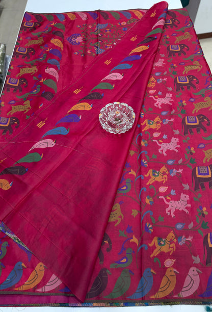 Soft silk printed saree with multicolour ethnic motifs and contrast blouse piece