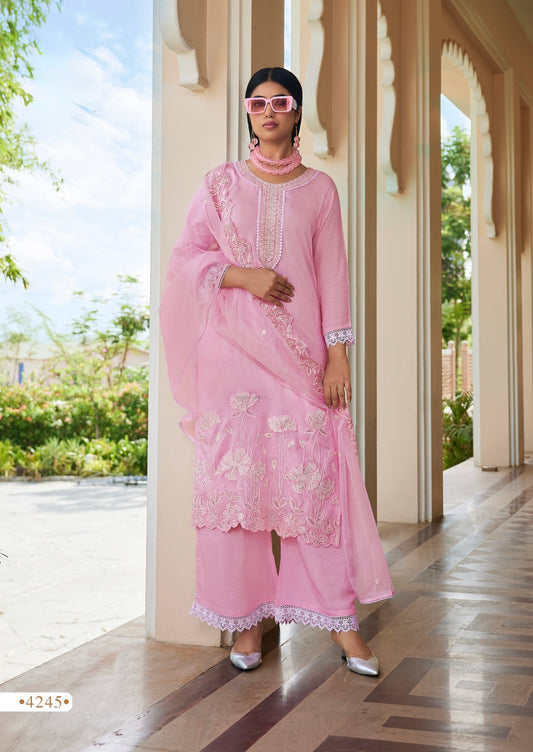 Muslin Kurti Palazzo Dupatta Set with Embroidery and Organza Dupatta for Women – L to 3XL
