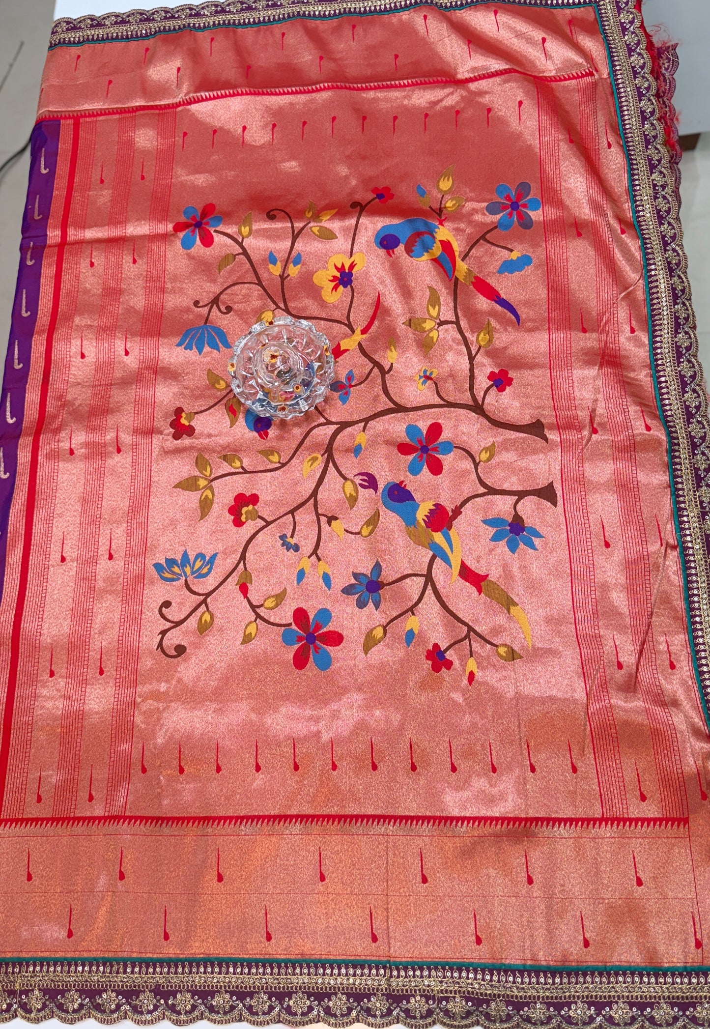 Paithani Lace Border Soft Silk Saree with Contrast Blouse for Women