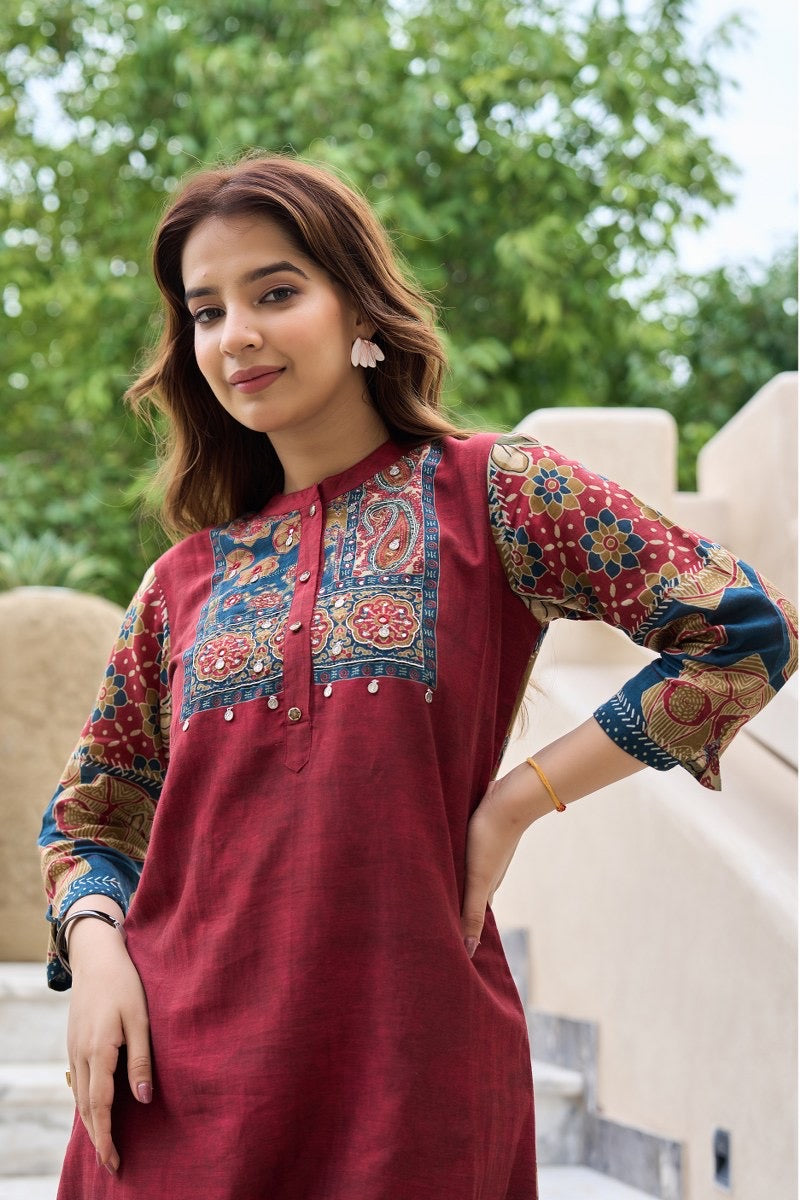 Printed Cotton Kurta Pant Set with Yoke Embroidery – Elegant Daily and Festive Wear for Women