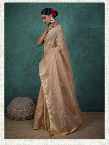 linen tissue saree with handwork motifs, lace detailing, and designer blouse – lightweight ethnic wear for women