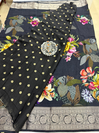 Russian Viscose Crepe Silk Chittpallu Saree with Heritage Print and Zari Border for Women