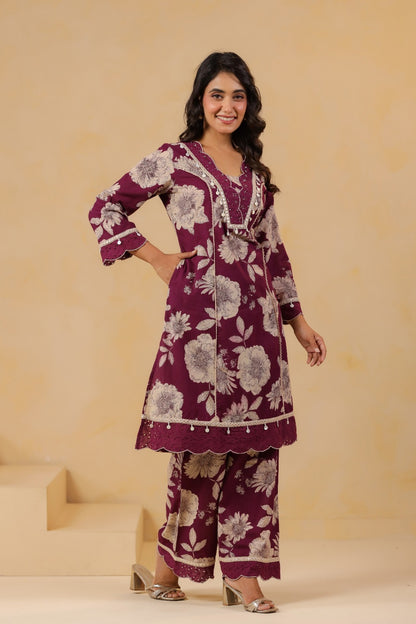 Pure Cotton Floral Printed Kurti Pant Set with Lace Detailing for Women – Wine Colour
