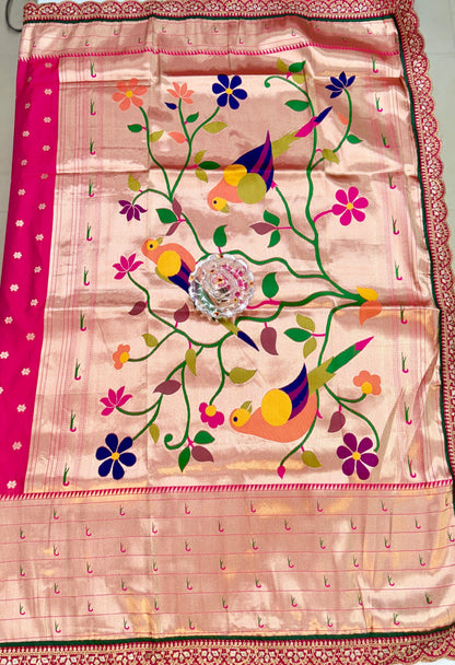 Paithani Lace Border Saree with Parrot Motifs and Contrast Blouse