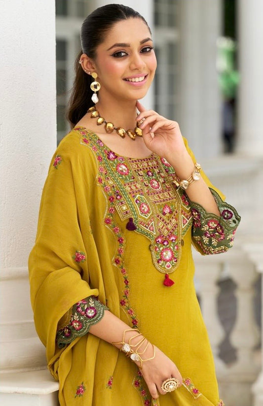 Organza Crush 3-Piece Suit Set with Embroidery, Handwork and Muslin Inner for Women