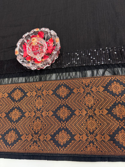 Black Silk Saree with Embroidery Lace Work, Patchwork and Art Silk Blouse