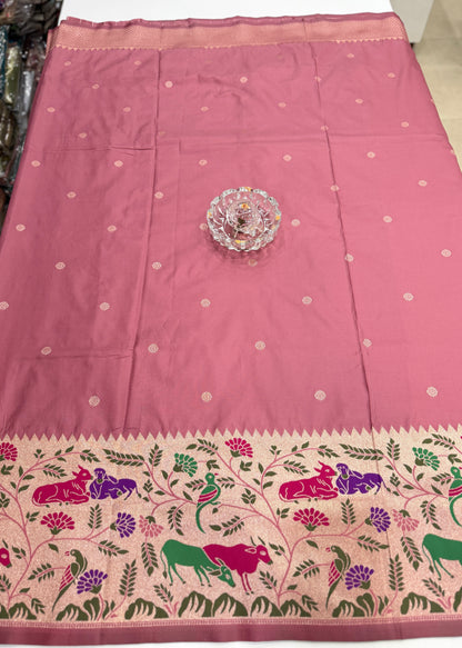 Paithani printed soft silk saree with zari-style border and contrast blouse for women