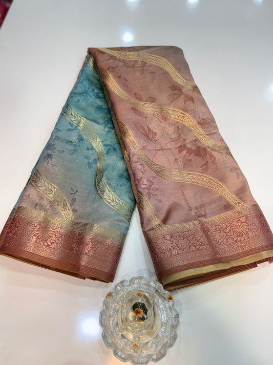 Bamboo Silk Floral Printed Saree with Rich Decorative Pallu, All Over Rich Leheriya Pattern