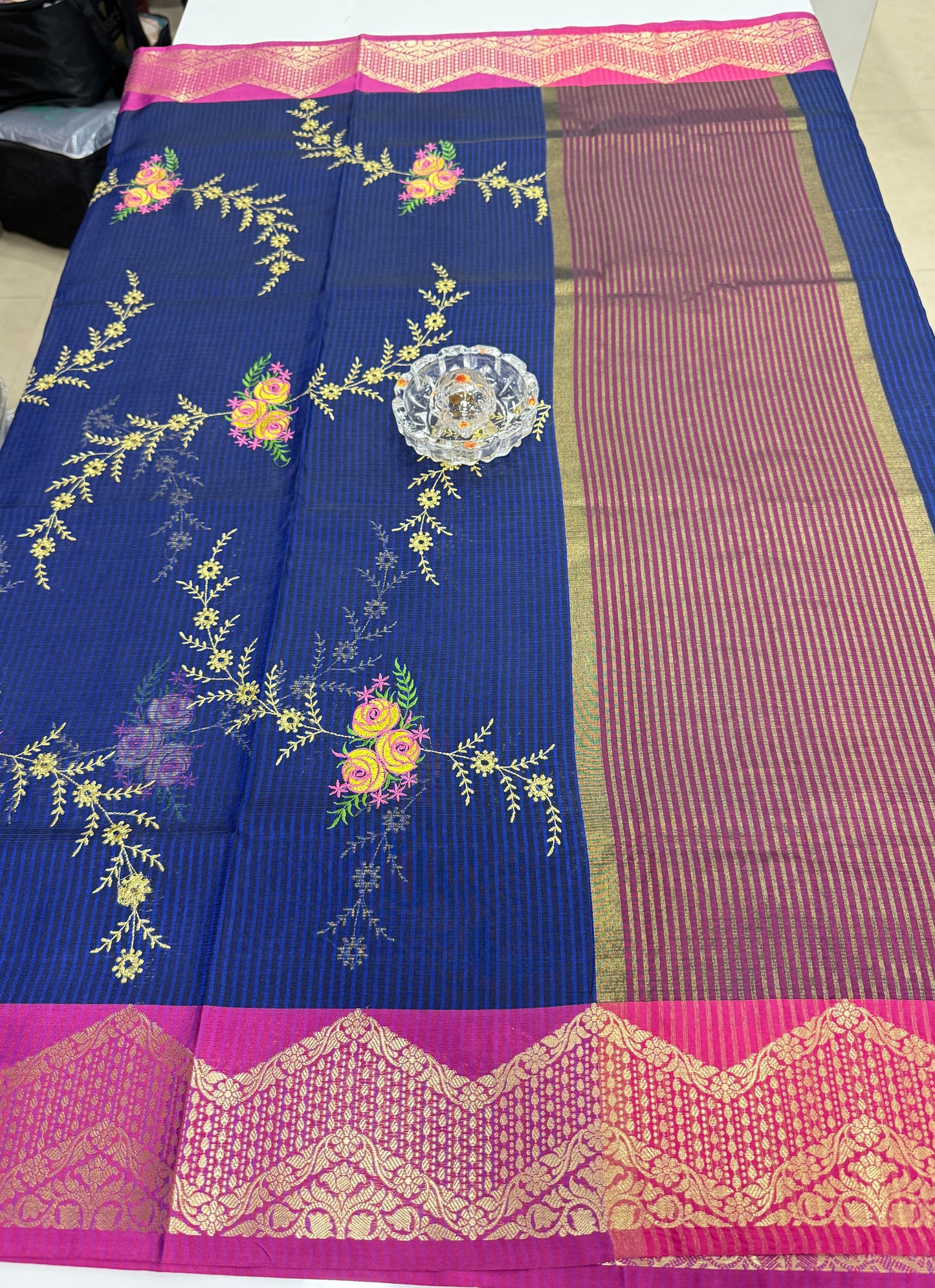 Banarasi kota silk saree with floral embroidery, contrast magenta zari border and matching blouse piece for women