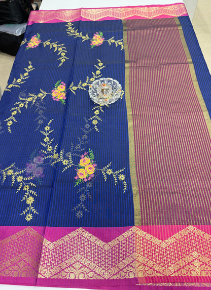 Banarasi kota silk saree with floral embroidery, contrast magenta zari border and matching blouse piece for women