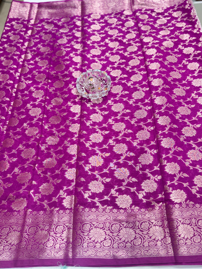 Banarasi Semi Dupion Silk Saree with Zari Floral Jaal Weaving and Blouse Piece for Women