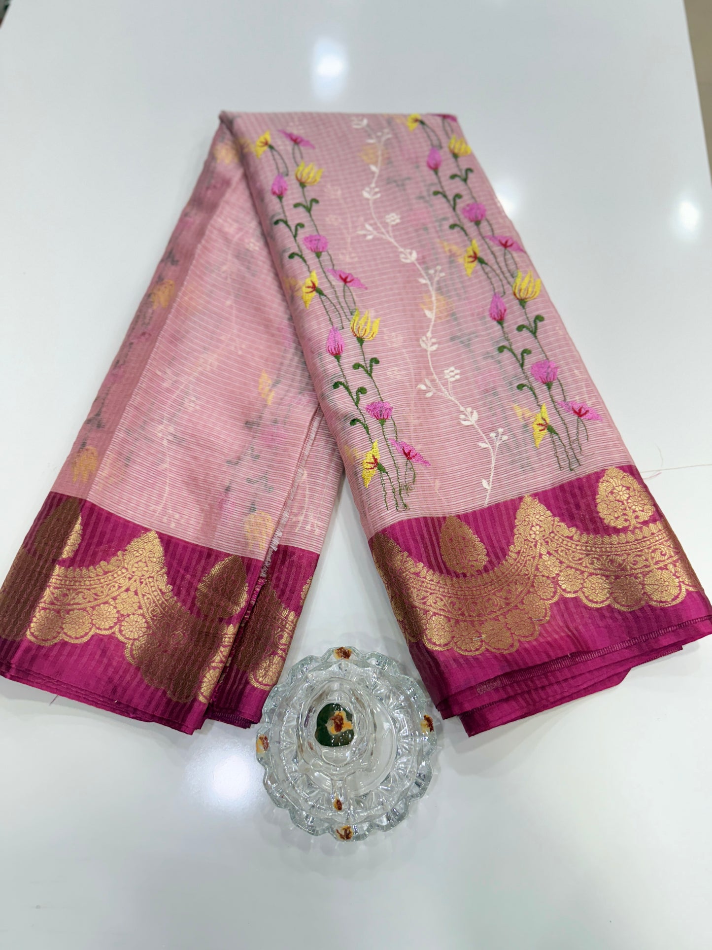 Banarasi handloom Kota check saree with mina embroidery, scalloped border and zari chit pallu
