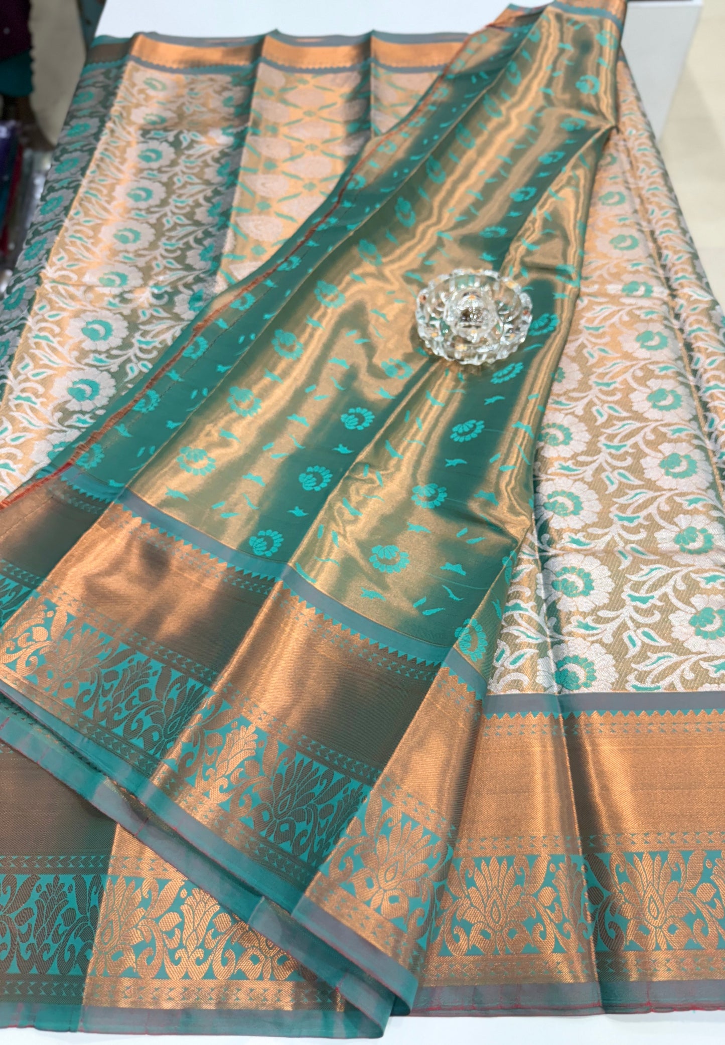 Bridal tissue saree for women with woven zari work and contrast border, kanchipuram style powerloom saree with blouse fabric