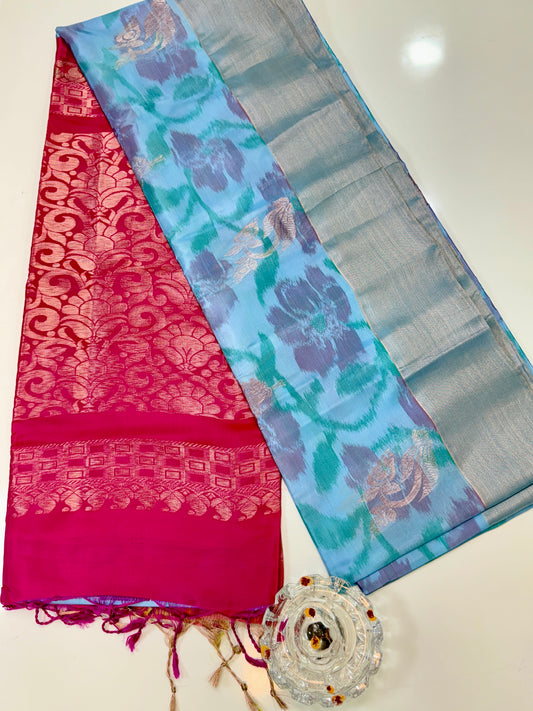 Pochampalli Printed Silk Saree with Satin Border and Blouse – Powerloom Weave for Women