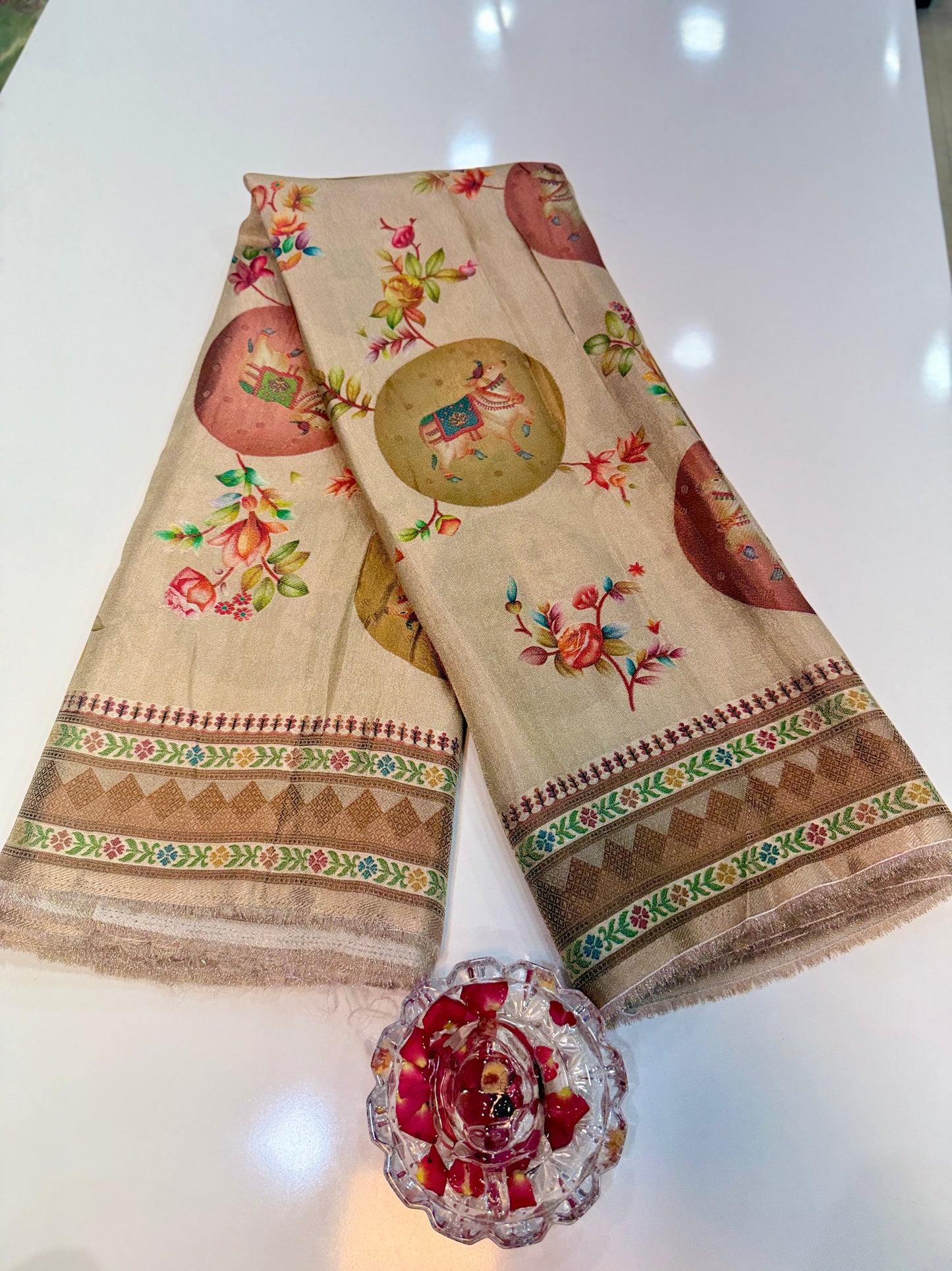 Pure Ziraf Silk Printed Saree with Elephant and Floral Motifs – Lightweight Soft Silk Saree for Women