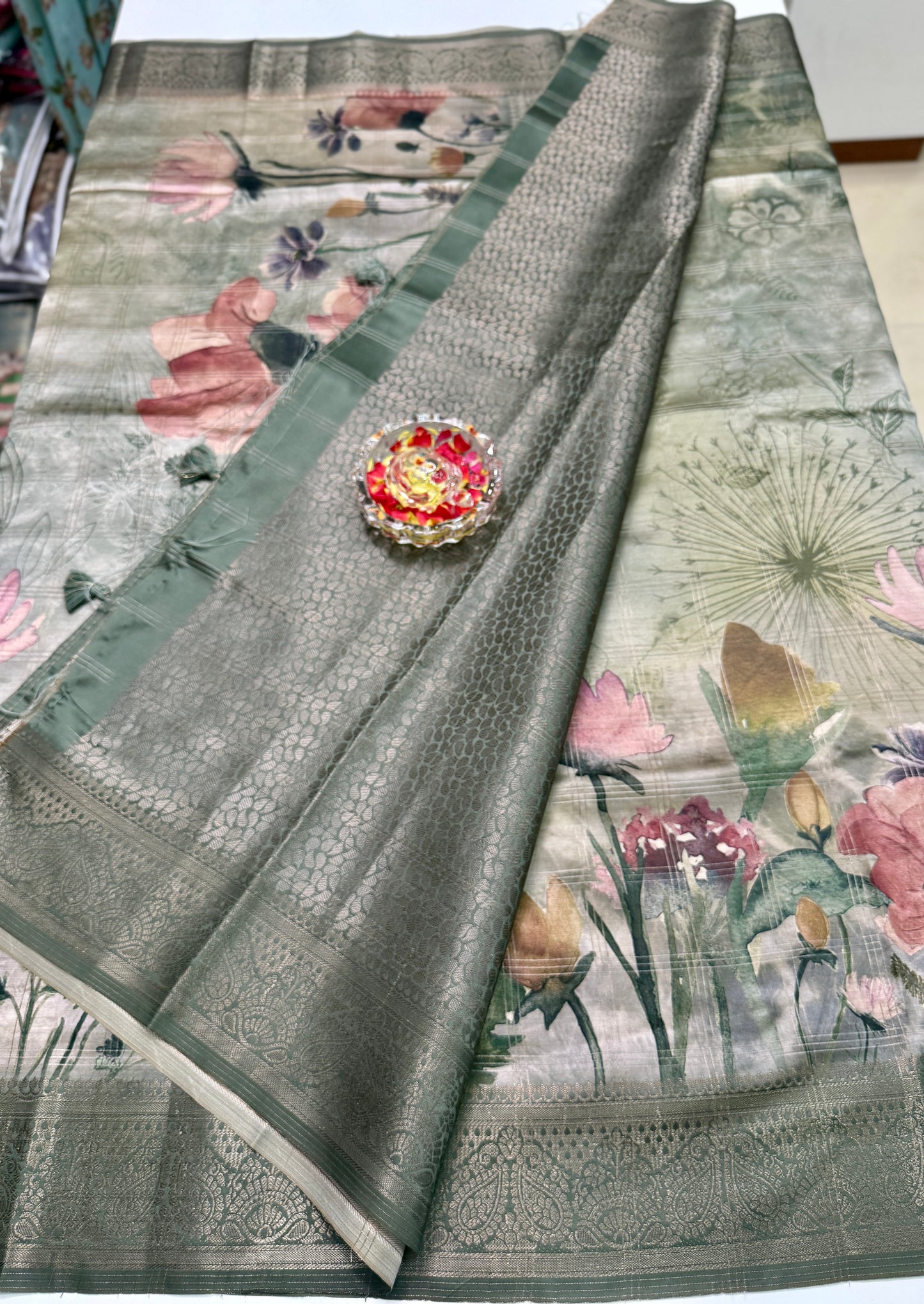Bamboo Silk Saree with Chex Texture and Rich Pallu – Digital Floral Print Saree for Women
