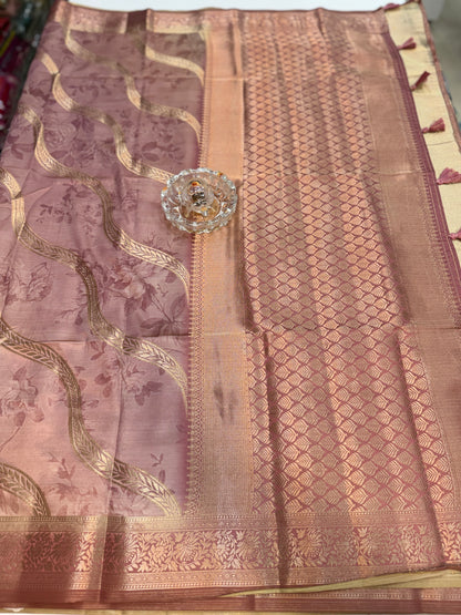 Bamboo Silk Floral Printed Saree with Rich Decorative Pallu, All Over Rich Leheriya Pattern